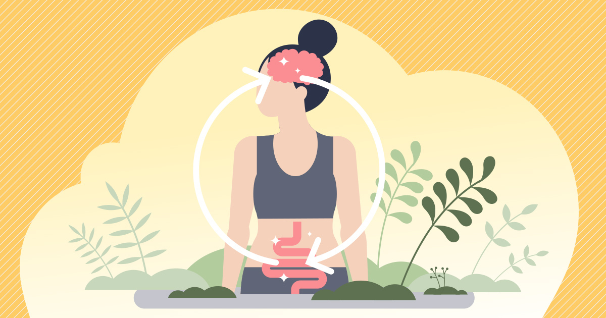 Illustration of a woman with a circle linking her brain and gut